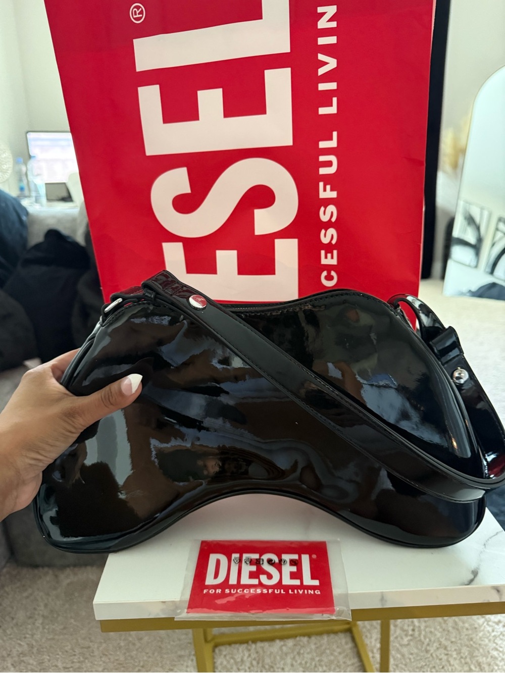 Diesel Black Patent Leather Shoulder Bag